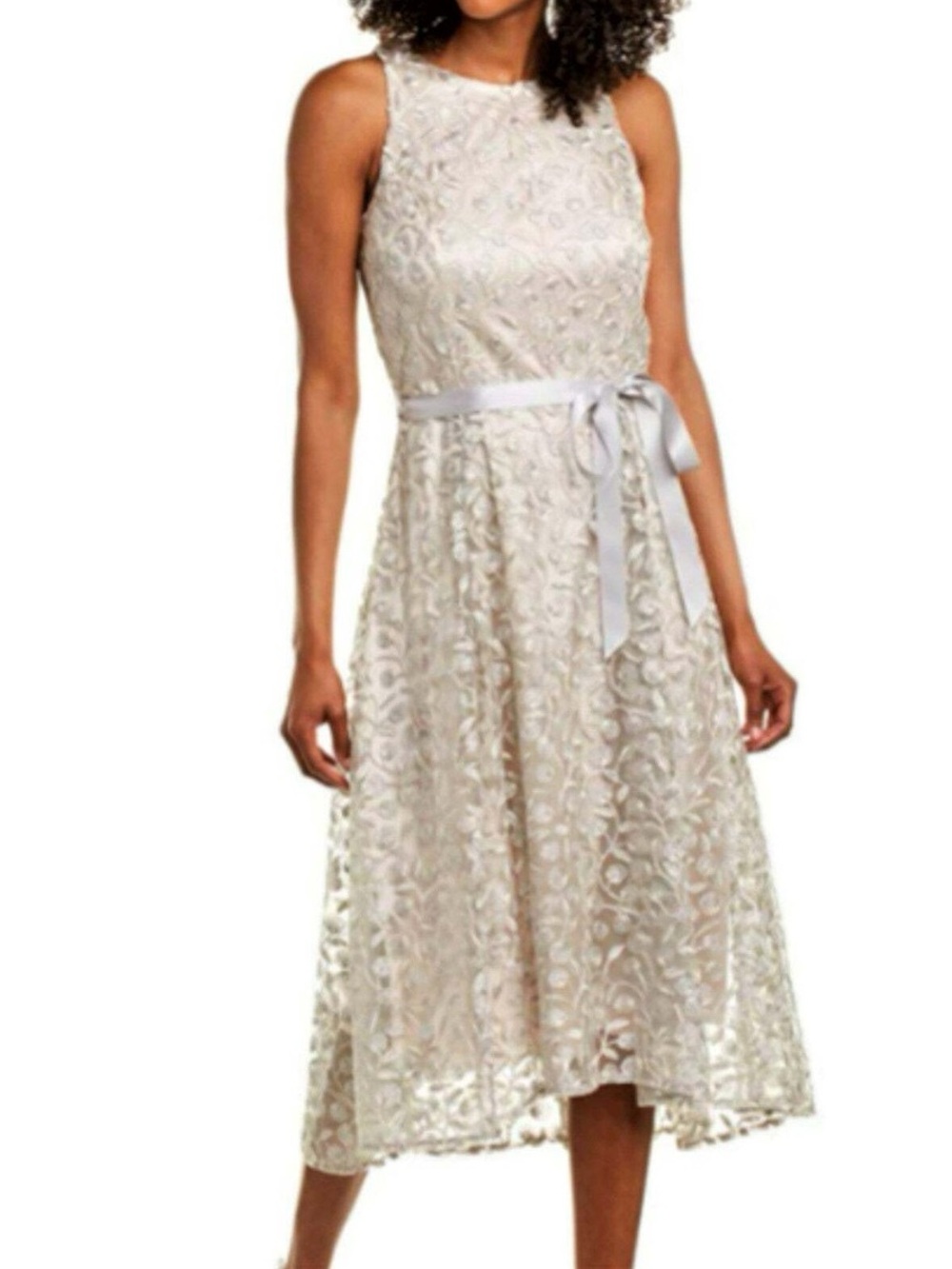 Tahari ASL Taupe and Silver Lace Midi Dress with Satin Ribbon NWT
